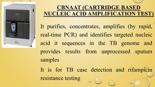CBNAAT (CARTRIDGE BASED
NUCLEIC ACID AMPLIFICATION TEST)
It purifies, concentrates, amplifies (by rapid,
real-time PCR) and identifies targeted nucleic
acid it sequences in the TB genome and
provides results from unprocessed sputum
samples
It is for TB case detection and rifampicin
resistance testing
 