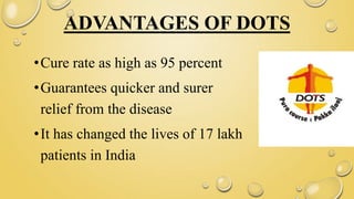 ADVANTAGES OF DOTS
•Cure rate as high as 95 percent
•Guarantees quicker and surer
relief from the disease
•It has changed the lives of 17 lakh
patients in India
 