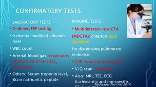 CONFIRMATORY TESTS
LABORATORY TESTS
• D-dimer/FSP testing
• Ischemia-modified albumin
level
• WBC count
• Arterial blood gas: respiratory
alkalosis with low pCO2,
hypoxemia
• Others: Serum troponin level,
Brain natriuretic peptide
IMAGING TESTS
• Multidetector-row CTA
(MDCTA): criterion gold
standard
for diagnosing pulmonary
embolism
• CXR: tends to be normal!
• V/Q scan: mismatch
• Also: MRI, TEE, ECG
(tachycardia and nonspecific
Medscape, First Aid 2014,
 