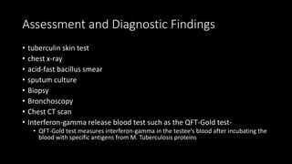 Assessment and Diagnostic Findings
• tuberculin skin test
• chest x-ray
• acid-fast bacillus smear
• sputum culture
• Biopsy
• Bronchoscopy
• Chest CT scan
• Interferon-gamma release blood test such as the QFT-Gold test-
• QFT-Gold test measures interferon-gamma in the testee's blood after incubating the
blood with specific antigens from M. Tuberculosis proteins
 