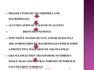  PHAGOCYTOSIS BY NEUTROPHILS AND
MACROPHAGES
 ACCUMULATION OF EXUDATE IN ALVEOLI
 BRONCHO PNEMONIA
 NEW TISSUE MASSES ...