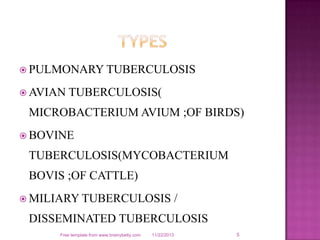  PULMONARY TUBERCULOSIS
 AVIAN TUBERCULOSIS(
MICROBACTERIUM AVIUM ;OF BIRDS)
 BOVINE
TUBERCULOSIS(MYCOBACTERIUM
BOVIS ;...
