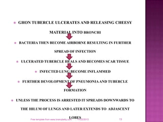 GHON TUBERCLE ULCERATES AND RELEASING CHEESY



MATERIAL INTO BRONCHI
BACTERIA THEN BECOME AIRBORNE RESULTING IN FURTHER



SPREAD OF INFECTION


ULCERATED TUBERCLE HEALS AND BECOMES SCAR TISSUE




INFECTED LUNG BECOME INFLAMMED

FURTHER DEVOLOPMENT OF PNEUMONIA AND TUBERCLE
FORMATION



UNLESS THE PROCESS IS ARRESTED IT SPREADS DOWNWARDS TO
THE HILUM OF LUNGS AND LATER EXTENDS TO ADJASCENT
LOBES
11/22/2013

Free template from www.brainybetty.com

13

 