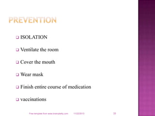 

ISOLATION



Ventilate the room



Cover the mouth



Wear mask



Finish entire course of medication



vaccinations
Free template from www.brainybetty.com

11/22/2013

33

 