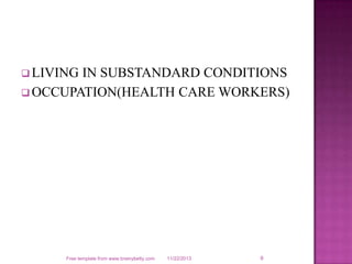  LIVING

IN SUBSTANDARD CONDITIONS
 OCCUPATION(HEALTH CARE WORKERS)

Free template from www.brainybetty.com

11/22/2013

9

 