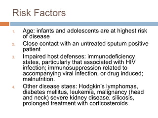Risk Factors
1. Age: infants and adolescents are at highest risk
of disease
2. Close contact with an untreated sputum positive
patient
3. Impaired host defenses: immunodeficiency
states, particularly that associated with HIV
infection; immunosuppression related to
accompanying viral infection, or drug induced;
malnutrition.
4. Other disease staes: Hodgkin’s lymphomas,
diabetes mellitus, leukemia, malignancy (head
and neck) severe kidney disease, silicosis,
prolonged treatment with corticosteroids
 
