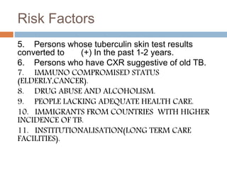 Risk Factors
5. Persons whose tuberculin skin test results
converted to (+) In the past 1-2 years.
6. Persons who have CXR suggestive of old TB.
7. IMMUNO COMPROMISED STATUS
(ELDERLY,CANCER).
8. DRUG ABUSE AND ALCOHOLISM.
9. PEOPLE LACKING ADEQUATE HEALTH CARE.
10. IMMIGRANTS FROM COUNTRIES WITH HIGHER
INCIDENCE OF TB.
11. INSTITUTIONALISATION(LONG TERM CARE
FACILITIES).
 