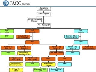 Date of download:
3/25/2015
Copyright © The American College of Cardiology.
All rights reserved.
From: Diagnosis, Assessment, and Treatment of Non-Pulmonary Arterial Hypertension Pulmonary
Hypertension
J Am Coll Cardiol. 2009;54(1s1):S85-S96. doi:10.1016/j.jacc.2009.04.008
Diagnostic Approach to Distinguish Between PAH and PH Caused by Diastolic Left Heart Disease
See Table 1 for risk factors for diastolic heart failure. DHF = diastolic heart failure; Dx = diagnosis; EF = ejection fraction;
HF = heart failure; NTG = nitroglycerine; OMT = optimized medical therapy; PAH = pulmonary arterial hypertension;
PCWP = pulmonary capillary wedge pressure; PH = pulmonary hypertension; PVR = pulmonary vascular resistance; RCT
= randomized controlled trial; RHC = right heart catheterization; WU = Wood units.
Figure Legend:
 