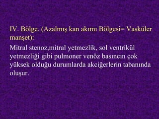 IV. Bölge. (Azalmış kan akımı Bölgesi= Vasküler
manşet):
Mitral stenoz,mitral yetmezlik, sol ventrikül
yetmezliği gibi pulmoner venöz basıncın çok
yüksek olduğu durumlarda akciğerlerin tabanında
oluşur.
 