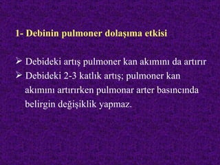 1- Debinin pulmoner dolaşıma etkisi

 Debideki artış pulmoner kan akımını da artırır
 Debideki 2-3 katlık artış; pulmoner kan
  akımını artırırken pulmonar arter basıncında
  belirgin değişiklik yapmaz.
 