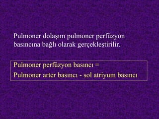 Pulmoner dolaşım pulmoner perfüzyon
basıncına bağlı olarak gerçekleştirilir.

Pulmoner perfüzyon basıncı =
Pulmoner arter basıncı - sol atriyum basıncı
 