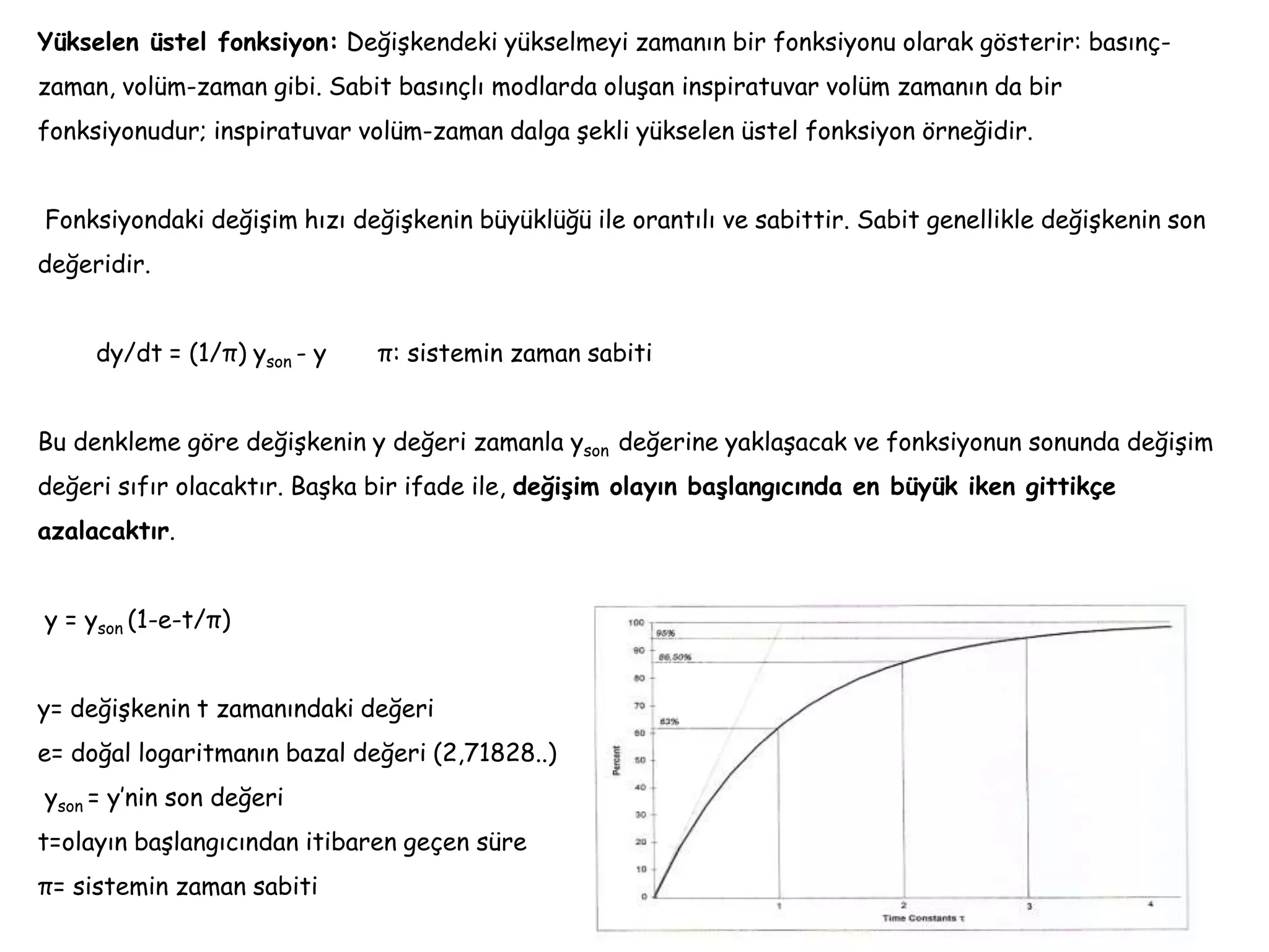 Yükselen üstel fonksiyon: Değişkendeki yükselmeyi zamanın bir fonksiyonu olarak gösterir: basınç-
zaman, volüm-zaman gibi. Sabit basınçlı modlarda oluşan inspiratuvar volüm zamanın da bir
fonksiyonudur; inspiratuvar volüm-zaman dalga şekli yükselen üstel fonksiyon örneğidir.
Fonksiyondaki değişim hızı değişkenin büyüklüğü ile orantılı ve sabittir. Sabit genellikle değişkenin son
değeridir.
dy/dt = (1/π) yson - y π: sistemin zaman sabiti
Bu denkleme göre değişkenin y değeri zamanla yson değerine yaklaşacak ve fonksiyonun sonunda değişim
değeri sıfır olacaktır. Başka bir ifade ile, değişim olayın başlangıcında en büyük iken gittikçe
azalacaktır.
y = yson (1-e-t/π)
y= değişkenin t zamanındaki değeri
e= doğal logaritmanın bazal değeri (2,71828..)
yson = y’nin son değeri
t=olayın başlangıcından itibaren geçen süre
π= sistemin zaman sabiti
 