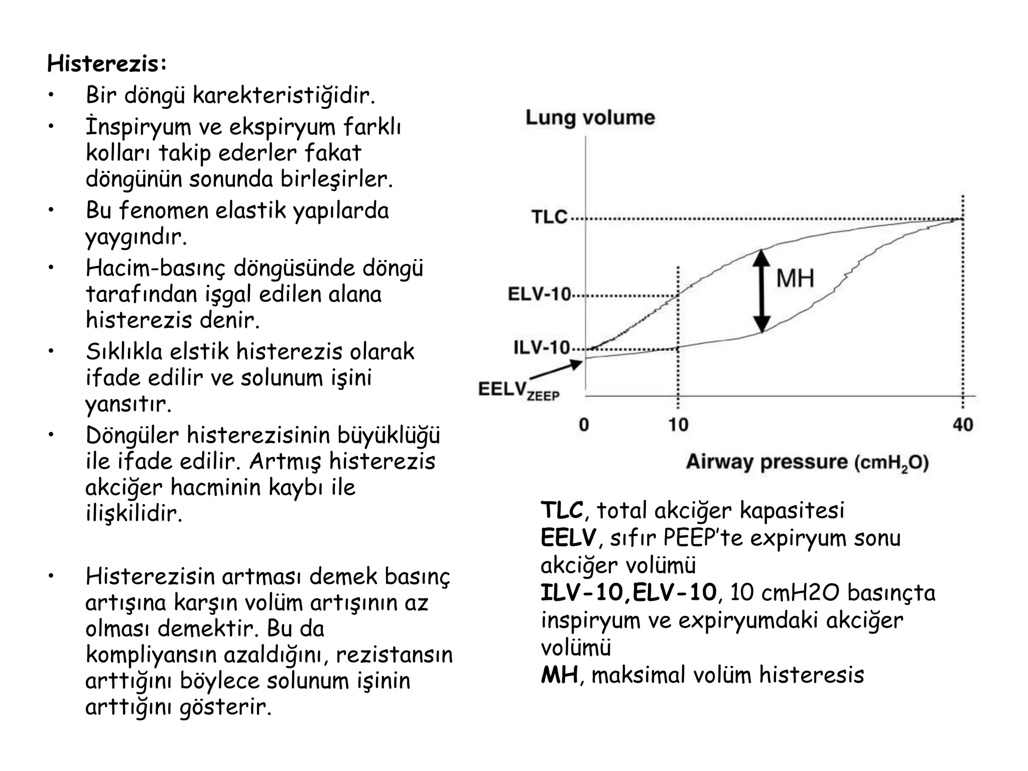 Histerezis:
• Bir döngü karekteristiğidir.
• İnspiryum ve ekspiryum farklı
kolları takip ederler fakat
döngünün sonunda birleşirler.
• Bu fenomen elastik yapılarda
yaygındır.
• Hacim-basınç döngüsünde döngü
tarafından işgal edilen alana
histerezis denir.
• Sıklıkla elstik histerezis olarak
ifade edilir ve solunum işini
yansıtır.
• Döngüler histerezisinin büyüklüğü
ile ifade edilir. Artmış histerezis
akciğer hacminin kaybı ile
ilişkilidir.
• Histerezisin artması demek basınç
artışına karşın volüm artışının az
olması demektir. Bu da
kompliyansın azaldığını, rezistansın
arttığını böylece solunum işinin
arttığını gösterir.
TLC, total akciğer kapasitesi
EELV, sıfır PEEP’te expiryum sonu
akciğer volümü
ILV-10,ELV-10, 10 cmH2O basınçta
inspiryum ve expiryumdaki akciğer
volümü
MH, maksimal volüm histeresis
 