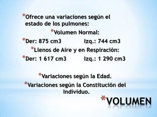 *VOLUMEN
*Ofrece una variaciones según el
estado de los pulmones:
*Volumen Normal:
*Der: 875 cm3 Izq.: 744 cm3
*Llenos de Aire y en Respiración:
*Der: 1 617 cm3 Izq.: 1 290 cm3
*Variaciones según la Edad.
*Variaciones según la Constitución del
Individuo.
 