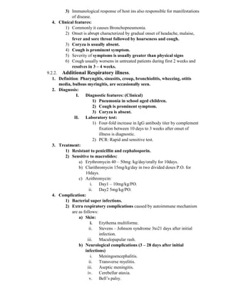 3) Immunological response of host ins also responsible for manifestations
of disease.
4. Clinical features:
1) Commonly it causes Bronchopneumonia.
2) Onset is abrupt characterized by gradual onset of headache, malaise,
fever and sore throat followed by hoarseness and cough.
3) Coryza is usually absent.
4) Cough is prominent symptom.
5) Severity of symptoms is usually greater than physical signs
6) Cough usually worsens in untreated patients during first 2 weeks and
resolves in 3 – 4 weeks.
9.2.2. Additional Respiratory illness.
1. Definition: Pharyngitis, sinusitis, croup, bronchiolitis, wheezing, otitis
media, bullous myringitis, are occasionally seen.
2. Diagnosis:
I. Diagnostic features: (Clinical)
1) Pneumonia in school aged children.
2) Cough is prominent symptom.
3) Coryza is absent.
II. Laboratory test:
1) Four-fold increase in IgG antibody titer by complement
fixation between 10 days to 3 weeks after onset of
illness is diagnostic.
2) PCR: Rapid and sensitive test.
3. Treatment:
1) Resistant to penicillin and cephalosporin.
2) Sensitive to macrolides:
a) Erythromycin 40 – 50mg /kg/day/orally for 10days.
b) Clarithromycin 15mg/kg/day in two divided doses P.O. for
10days.
c) Azithromycin:
i. Day1 – 10mg/kg/PO.
ii. Day2 5mg/kg/PO.
4. Complication:
1) Bacterial super infections.
2) Extra respiratory complications caused by autoimmune mechanism
are as follows:
a) Skin:
i. Erythema multiforme.
ii. Stevens – Johnson syndrome 3to21 days after initial
infection.
iii. Maculopapular rash.
b) Neurological complications (3 – 28 days after initial
infections)
i. Meningoencephalitis.
ii. Transverse myelitis.
iii. Aseptic meningitis.
iv. Cerebellar ataxia.
v. Bell’s palsy.
 