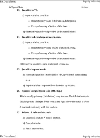 In Capsule Series Revision
23. Jaundice in TB.
a) Hepatocellular jaundice :
o Hepatotoxicity : Anti-TB drugs e.g. Rifampicin
o Extrapulmonary affection of the liver.
b) Obstructive jaundice : spread to LN in porta hepatis.
24. Jaundice in bronchogenic carcinoma.
a) Hepatocellular jaundice :
o Hepatotoxicity : side effects of chemotherapy.
o Extrapulmonary affection of the liver.
b) Obstructive jaundice : spread to LN in porta hepatis.
c) Hemolytic jaundice : para- malignant syndrome.
25. Jaundice in pneumonia
a) Hemolytic jaundice : hemolysis of RBCs present in consolidated
area.
b) Hepatocellular : Impaired liver function by toxemia.
26. Abscess in right lower lobe of the lung
This is usually primary ( inhalation ) lung abscess. The inhaled material
usually goes to the right lower lobe as the right lower bronchus is wide
& in direct continuity with the trachea.
27. Edema LL in bronchiectasis.
a) Excessive sputum  loss of protein.
b) Cor-pulmonale.
c) Renal amyloidosis.
Zagazig university
Zagazig universityDr.Diaa ahmed
Dr.Diaa ahmed
 