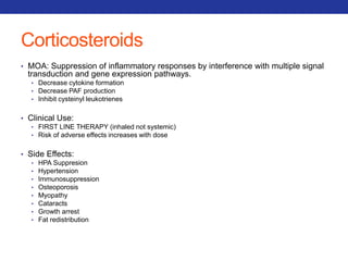Corticosteroids 
• MOA: Suppression of inflammatory responses by interference with multiple signal 
transduction and gene expression pathways. 
• Decrease cytokine formation 
• Decrease PAF production 
• Inhibit cysteinyl leukotrienes 
• Clinical Use: 
• FIRST LINE THERAPY (inhaled not systemic) 
• Risk of adverse effects increases with dose 
• Side Effects: 
• HPA Suppresion 
• Hypertension 
• Immunosuppression 
• Osteoporosis 
• Myopathy 
• Cataracts 
• Growth arrest 
• Fat redistribution 
 