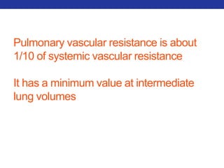 Pulmonary vascular resistance is about 
1/10 of systemic vascular resistance 
It has a minimum value at intermediate 
lung volumes 
 