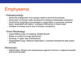 Emphysema 
• Pathophysiology: 
• Abnormal enlargement of air spaces distal to terminal bronchioles 
• Destruction of alveolar walls resulting from elastase-antielastase imbalance 
• Centriacinar (respiratory bronchioles) in upper lobes vs panacinar (alveolar 
ducts; associated with alpha-1 antitrypsin deficiency) in lower lobes 
• Collapse of airways due to loss of alveolar compliance 
• Gross Morphology: 
• Hyperinflated lungs, Air trapping, Dilated alveoili 
• Bullae on surface of lungs (panacinar) 
• Smoking  upper lobe (Centriacinar) 
• Hyperinflated lungs, flattened diaphragms, increased retrosternal clear space 
on CXR 
Microscopic: 
• Inflammation, fibrosis and carbonaceous pigment common in adjacent alveolar 
and bronchial walls 
 