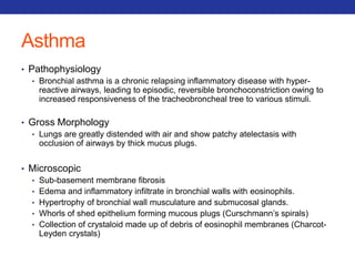 Asthma 
• Pathophysiology 
• Bronchial asthma is a chronic relapsing inflammatory disease with hyper-reactive 
airways, leading to episodic, reversible bronchoconstriction owing to 
increased responsiveness of the tracheobroncheal tree to various stimuli. 
• Gross Morphology 
• Lungs are greatly distended with air and show patchy atelectasis with 
occlusion of airways by thick mucus plugs. 
• Microscopic 
• Sub-basement membrane fibrosis 
• Edema and inflammatory infiltrate in bronchial walls with eosinophils. 
• Hypertrophy of bronchial wall musculature and submucosal glands. 
• Whorls of shed epithelium forming mucous plugs (Curschmann’s spirals) 
• Collection of crystaloid made up of debris of eosinophil membranes (Charcot- 
Leyden crystals) 
 