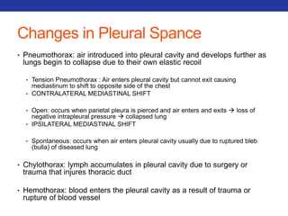 Changes in Pleural Spance 
• Pneumothorax: air introduced into pleural cavity and develops further as 
lungs begin to collapse due to their own elastic recoil 
• Tension Pneumothorax : Air enters pleural cavity but cannot exit causing 
mediastinum to shift to opposite side of the chest 
• CONTRALATERAL MEDIASTINAL SHIFT 
• Open: occurs when parietal pleura is pierced and air enters and exits  loss of 
negative intrapleural pressure  collapsed lung 
• IPSILATERAL MEDIASTINAL SHIFT 
• Spontaneous: occurs when air enters pleural cavity usually due to ruptured bleb 
(bulla) of diseased lung 
• Chylothorax: lymph accumulates in pleural cavity due to surgery or 
trauma that injures thoracic duct 
• Hemothorax: blood enters the pleural cavity as a result of trauma or 
rupture of blood vessel 
 