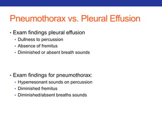 Pneumothorax vs. Pleural Effusion 
• Exam findings pleural effusion 
• Dullness to percussion 
• Absence of fremitus 
• Diminished or absent breath sounds 
• Exam findings for pneumothorax: 
• Hyperresonant sounds on percussion 
• Diminished fremitus 
• Diminished/absent breaths sounds 
 