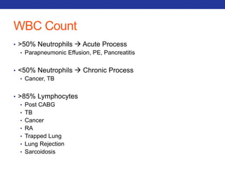WBC Count 
• >50% Neutrophils  Acute Process 
• Parapneumonic Effusion, PE, Pancreatitis 
• <50% Neutrophils  Chronic Process 
• Cancer, TB 
• >85% Lymphocytes 
• Post CABG 
• TB 
• Cancer 
• RA 
• Trapped Lung 
• Lung Rejection 
• Sarcoidosis 
 