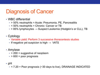 Diagnosis of Cancer 
• WBC differential 
• > 50% neutrophils = Acute: Pneumonia, PE, Pancreatitis 
• < 50% neutrophils = Chronic: Cancer or TB 
• > 85% lymphocytes → Suspect Leukemia (Hodgkin’s or CLL), TB 
• Cytology 
• Variable yield: Perform 3 successive thoracentesis studies 
• If negative yet suspicion is high → VATS 
• Amylase 
• > 200 = suggestive of neoplasm 
• > 600 = poor prognosis 
• pH 
• < 7.20 = Poor prognosis (~30 days to live), DRAINAGE INDICATED 
 