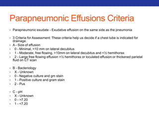 Parapneumonic Effusions Criteria 
• Parapneumonic exudate - Exudative effusion on the same side as the pneumonia 
• 3 Criteria for Assessment: These criteria help us decide if a chest tube is indicated for 
drainage. 
• A - Size of effusion 
• 0 - Minimal, <10 mm on lateral decubitus 
• 1 - Moderate, free flowing, >10mm on lateral decubitus and <½ hemithorax 
• 2 - Large free flowing effusion >½ hemithorax or loculated effusion or thickened parietal 
fluid on CT scan 
• B - Bacteriology 
• X - Unknown 
• 0 - Negative culture and gm stain 
• 1 - Positive culture and gram stain 
• 2 - Pus 
• C - pH 
• X - Unknown 
• 0 - >7.20 
• 1 - <7.20 
 