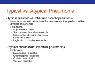 Typical vs. Atypical Pneumonia 
• Typical pneumonias: lobar and bronchopneumonia 
• More lobar consolidation, alveolar exudate, sputum production than 
atypical pneumonias 
• Pathogens 
• S. pneumonia : lobar 
• Staph aureus : bronchopneumonia 
• Haemophilus : bronchopneumonia 
• Klebsiella : lobar 
• Legionella : : bronchopenumonia 
• Atypical pneumonias: interstitial pneumonias 
• Pathogens 
• Mycoplasma ; interstitial 
• Chlamydophila : interstitial 
• Coxiella : interstitial 
• Viruses : interstitial 
 