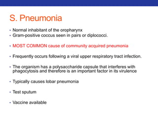 S. Pneumonia 
• Normal inhabitant of the oropharynx 
• Gram-positive coccus seen in pairs or diplococci. 
• MOST COMMON cause of community acquired pneumonia 
• Frequently occurs following a viral upper respiratory tract infection. 
• The organism has a polysaccharide capsule that interferes with 
phagocytosis and therefore is an important factor in its virulence 
• Typically causes lobar pneumonia 
• Test sputum 
• Vaccine available 
 