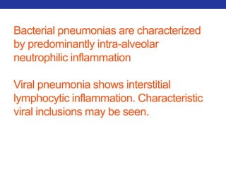 Bacterial pneumonias are characterized 
by predominantly intra-alveolar 
neutrophilic inflammation 
Viral pneumonia shows interstitial 
lymphocytic inflammation. Characteristic 
viral inclusions may be seen. 
 