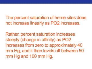The percent saturation of heme sites does 
not increase linearly as PO2 increases. 
Rather, percent saturation increases 
steeply (change in affinity) as PO2 
increases from zero to approximately 40 
mm Hg, and it then levels off between 50 
mm Hg and 100 mm Hg. 
 