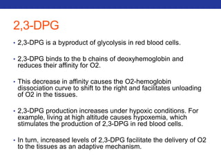 2,3-DPG 
• 2,3-DPG is a byproduct of glycolysis in red blood cells. 
• 2,3-DPG binds to the b chains of deoxyhemoglobin and 
reduces their affinity for O2. 
• This decrease in affinity causes the O2-hemoglobin 
dissociation curve to shift to the right and facilitates unloading 
of O2 in the tissues. 
• 2,3-DPG production increases under hypoxic conditions. For 
example, living at high altitude causes hypoxemia, which 
stimulates the production of 2,3-DPG in red blood cells. 
• In turn, increased levels of 2,3-DPG facilitate the delivery of O2 
to the tissues as an adaptive mechanism. 
 