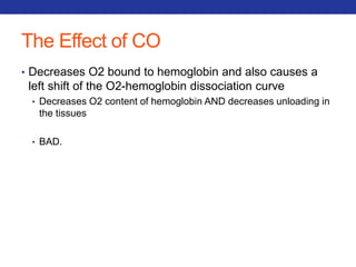 The Effect of CO 
• Decreases O2 bound to hemoglobin and also causes a 
left shift of the O2-hemoglobin dissociation curve 
• Decreases O2 content of hemoglobin AND decreases unloading in 
the tissues 
• BAD. 
 