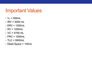 Important Values 
• VT = 500mL 
• IRV = 3000 mL 
• ERV = 1200mL 
• RV = 1200mL 
• VC = 4700 mL 
• FRC = 1200mL 
• TLC = 5900mL 
• Dead Space = 150mL 
 