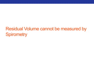 Residual Volume cannot be measured by 
Spirometry 
 