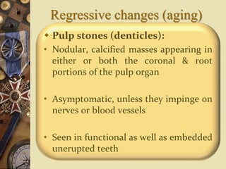 Regressive changes (aging)
 Pulp stones (denticles):
• Nodular, calcified masses appearing in
either or both the coronal & root
portions of the pulp organ
• Asymptomatic, unless they impinge on
nerves or blood vessels
• Seen in functional as well as embedded
unerupted teeth
 