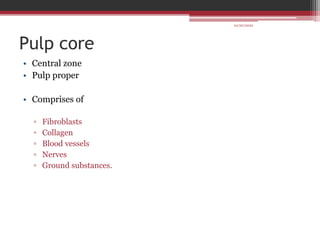 Pulp core
• Central zone
• Pulp proper
• Comprises of
▫ Fibroblasts
▫ Collagen
▫ Blood vessels
▫ Nerves
▫ Ground substances.
10/20/2022
 