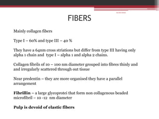 FIBERS
Mainly collagen fibers
Type I – 60% and type III – 40 %
They have a 64nm cross striations but differ from type III having only
alpha 1 chain and type I – alpha 1 and alpha 2 chains.
Collagen fibrils of 10 – 100 nm diameter grouped into fibres thinly and
and irregularly scattered through out tissue
Near predentin – they are more organised they have a parallel
arrangement
Fibrillin – a large glycoprotei that form non collagenous beaded
microfibril – 10 -12 nm diameter
Pulp is devoid of elastic fibers
10/20/2022
 