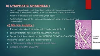 b) LYMPHATIC CHANNELS :
o Lymph vessels in pulp are thin walled and irregular lumen composed of
endothelial cells surrounded by an incomplete layer of smooth muscles
o Anterior teeth drains into- submental lymph nodes
o Posterior teeth drains into – sub mandibular lymph nodes and deep cervical
lymph nodes
c) Nerve supply :
o The nerve bundles that enter pulp consist principally of :
 Sensory afferent nerves of the TRIGEMINAL NERVE
 Sympathetic branches from the SUPERIOR CERVICAL GANGLION
The nerve fibers in pulp are non myelinated :
 A DELTA AND A BETA – TRANSMIT SHARP PAIN
 C FIBERS TRANSMIT DULL PAIN
 