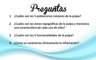 1. ¿Cuáles son las 5 poblaciones celulares de la pulpa?
2. ¿Cuales son las zonas topográficas de la pulpa y menciona
una característica de cada una de ellas?
3. ¿Cuales son las 5 funcionalidades de la pulpa?
4. ¿Como se caracteriza clínicamente la inflamación?
 