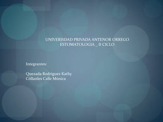 UNIVERISDAD PRIVADA ANTENOR ORREGO
                 ESTOMATOLOGIA _ II CICLO



Integrantes:

Quezada Rodríguez Kathy
Cóllanles Calle Mónica
 