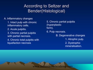 According to Seltzer and
                    Bender(Histological)
A. Inflammatory changes
   1. Intact pulp with chronic  ...