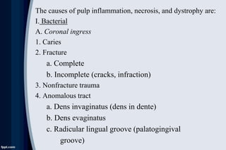 The causes of pulp inflammation, necrosis, and dystrophy are:
I. Bacterial
A. Coronal ingress
1. Caries
2. Fracture
a. Com...