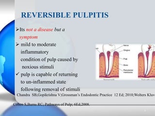 Its not a disease but a
symptom
 mild to moderate
inflammatory
condition of pulp caused by
noxious stimuli
 pulp is cap...
