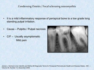 • R/F – Well circumscribed , radiopaque mass of sclerotic bone
extending below the apex
• D/D – Cementoblastoma
Periapical...