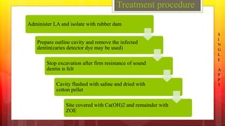 Treatment procedure
Administer LA and isolate with rubber dam
Prepare outline cavity and remove the infected
dentin(caries...