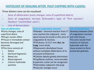 Three distinct zone can be visualised:
I. Zone of obliteration (early changes: area of superficial debris)
II. Zone of coagulation necrosis (Schroeder’s layer of “firm necrosis”,
Stanley’s “mummified zone”)
III. Line of demarcation
Zone of obliteration
Early changes: area of
superficial debris
Drug’s caustic effect
Tissue in immediate contact
becomes deranged and
distorted.
This Zone consists of-
i. Debris
ii. Dentinal fragments
iii. Blood clot
iv. Blood pigment
v. Calcium hydroxide
particles
Zone of coagulation necrosis
Weaker chemical reaction from 1st
zone reaches the subjacent , more
apical tissues & results in this zone of
coagulation & necrosis.
Thickness- 0.3-0.7 mm (Acc. to
Craig: 1mm thick)
Represents devitalised tissue
without complete obliteration of its
structural architecture
Cellular details-greatly diminished
Capillaries outlines, nerve bundles
& pyknotic nuclei can be recognized.
Stimulates subjacent vital pulp
Vascular changes occur
Line of demarcation
Develops between Zone
of coagulation necrosis
and vital tissues
This zone results from
reaction of Calcium
hydroxide with the
tissue protein to form
proteinate globules.
 