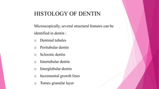 HISTOLOGY OF DENTIN
Microscopically, several structural features can be
identified in dentin :
o Dentinal tubules
o Peritubular dentin
o Sclerotic dentin
o Intertubular dentin
o Interglobular dentin
o Incremental growth lines
o Tomes granular layer
 